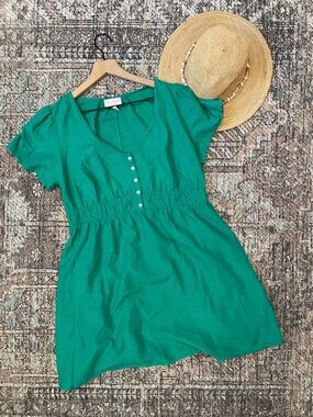 Isabel Maternity Green Dress Medium Smocked Waist Button Front Casual Summer